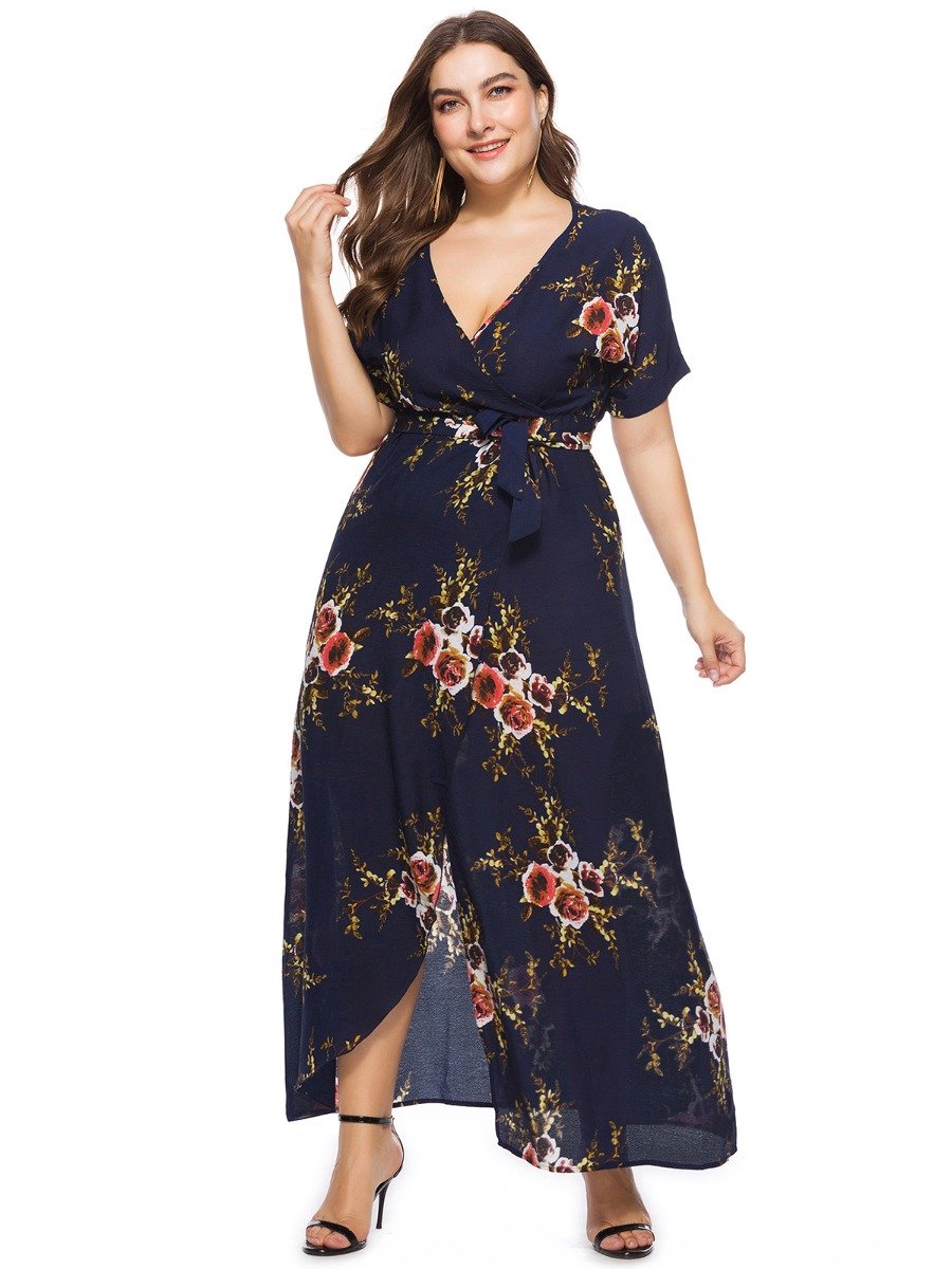 Plus Size Surplice Neck Tie-Up Waist Floral Print Dress	 Wholesale Boutique Clothing
