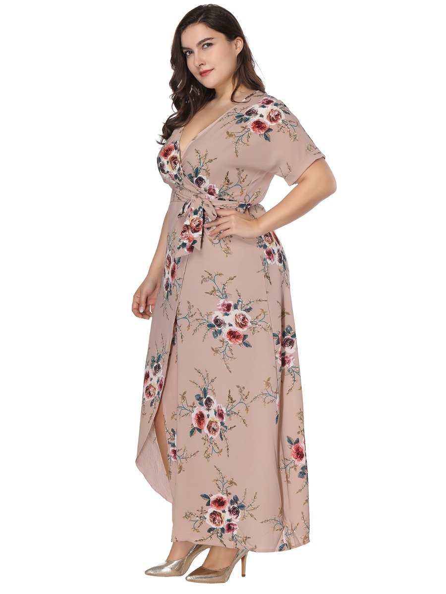 Plus Size Surplice Neck Tie-Up Waist Floral Print Dress	 Wholesale Boutique Clothing