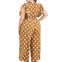 Plus Size V-Collar Ruffle Trim Lace-Up Waist Polka Dot Print Jumpsuit Wholesale Suppliers