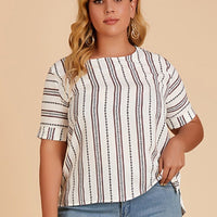 Woman Plus Size Clothes Side Split Geometric Print Striped Blouse Wholesale Suppliers