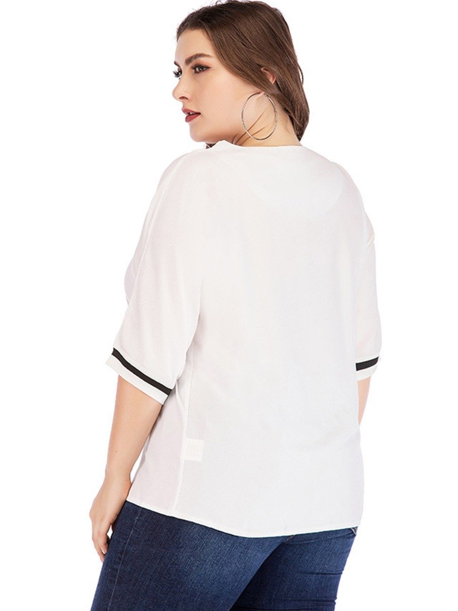 bigger women Contrast Color V-Neck Half Sleeve T-Shirt Wholesale Clothing Suppliers
