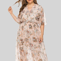 Ladies Clothes Plus Size Flare Sleeve Flower Print Pleated Dress Vendors