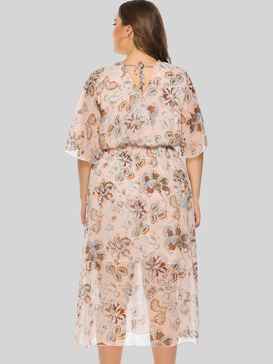 Ladies Clothes Plus Size Flare Sleeve Flower Print Pleated Dress Vendors