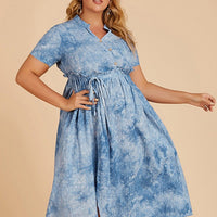 Plus Size Larger Women Lettuce Trim Button Detail Lace Up Tight Waist Tie Dye Dress In Bulk