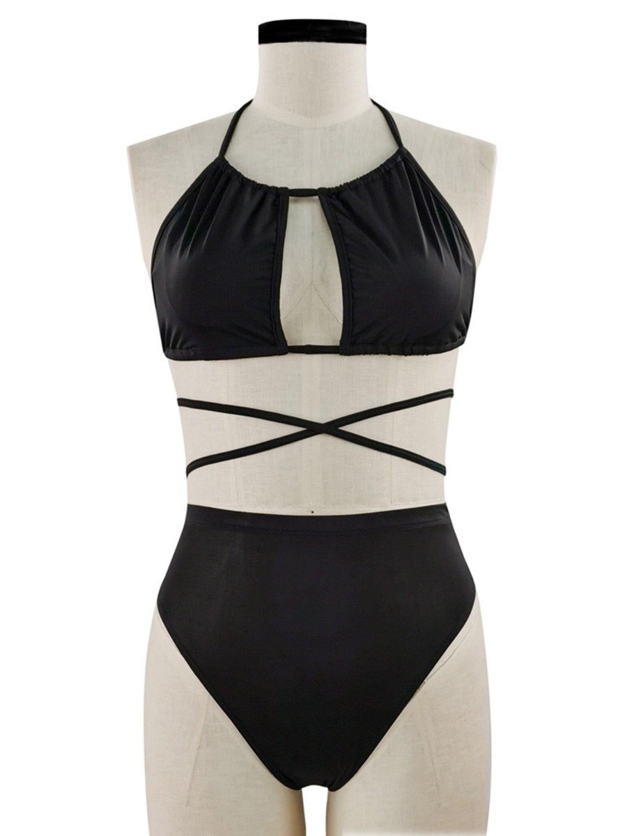 Clothes For Big Woman Two-Peice Plain Lace-Up Halter Bikini Swimsuit Wholesale Distributors