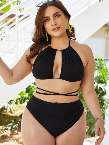 Clothes For Big Woman Two-Peice Plain Lace-Up Halter Bikini Swimsuit Set Wholesale Distributors