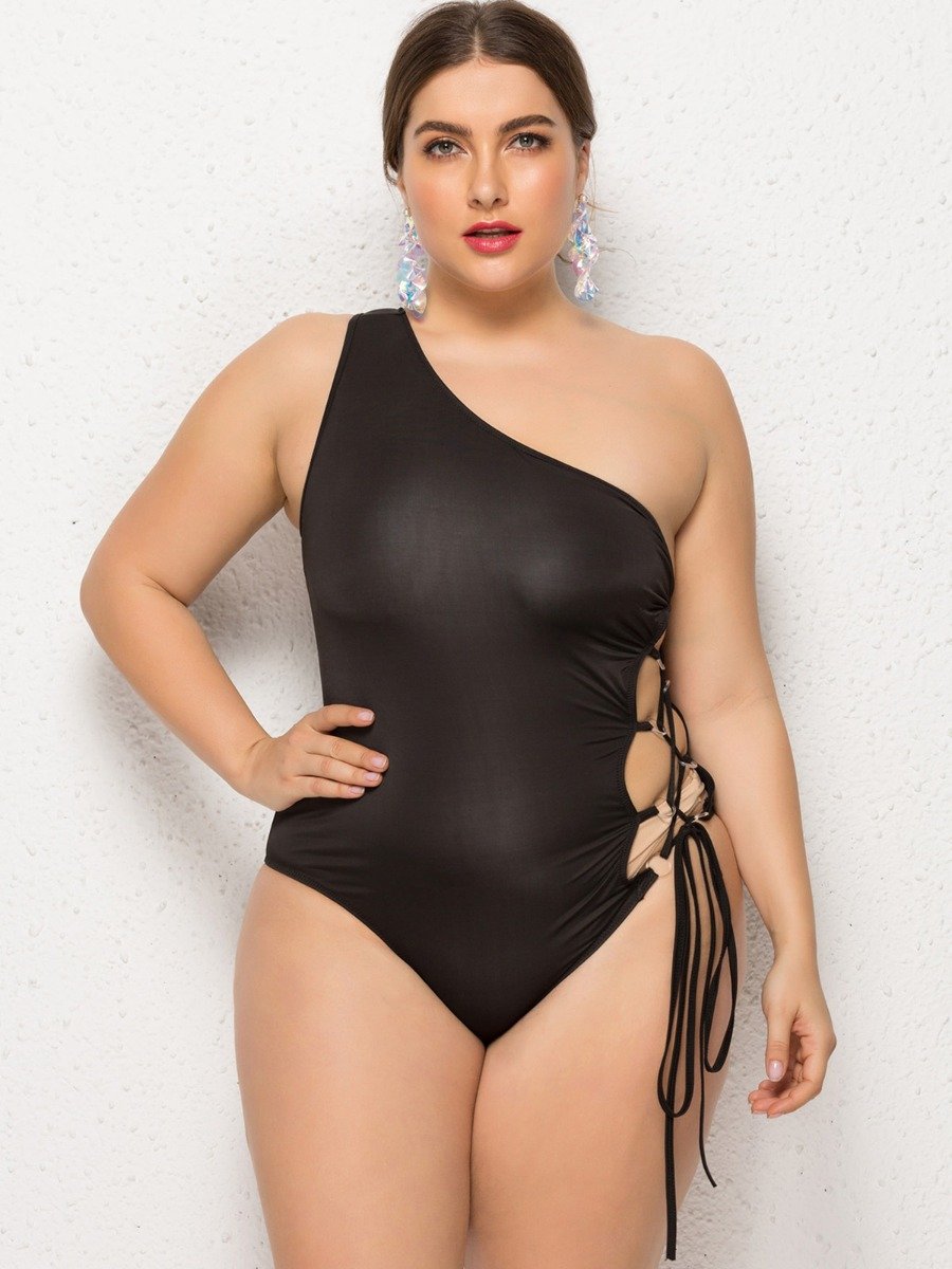 Large Size Clothing For Women Oblique Shoulder Lace Cutout One Piece Swimsuit Wholesale Shop