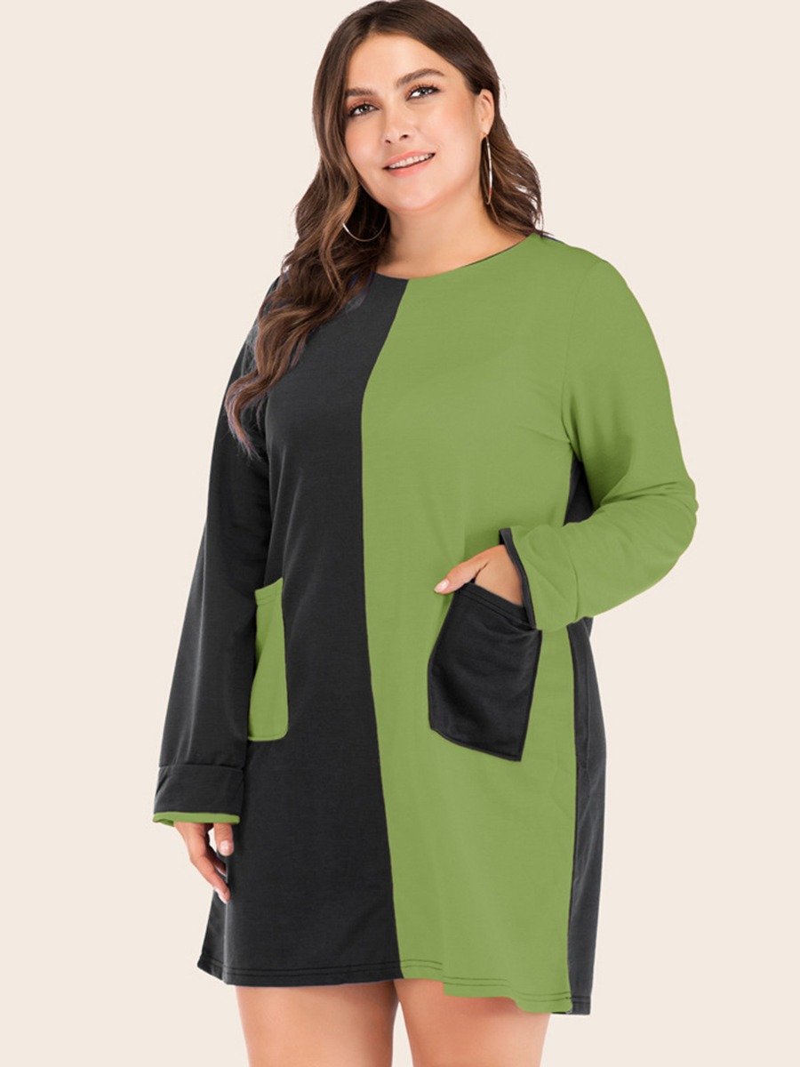 Larger Women Color-Blocking Crew Neck Pocket Detail Dress Wholesale Suppliers