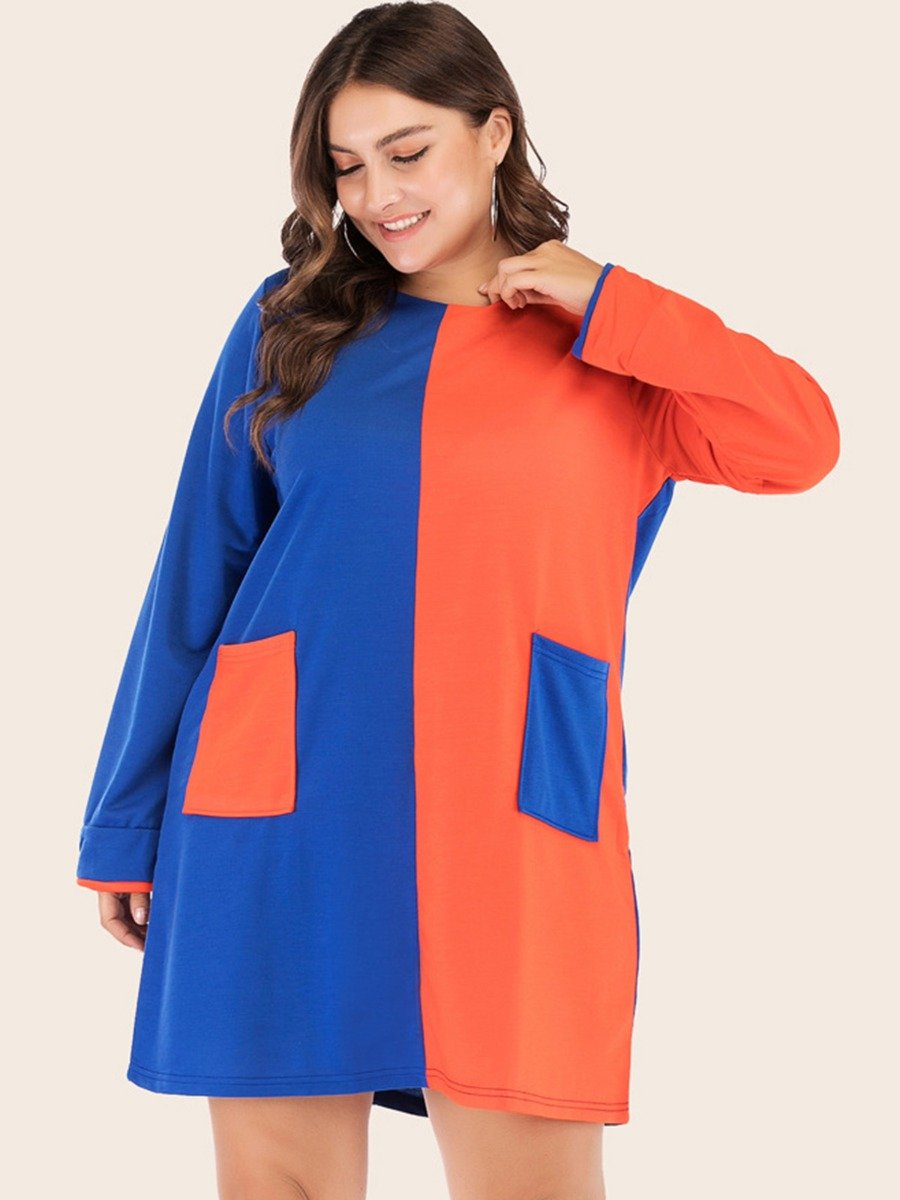 Larger Women Color-Blocking Crew Neck Pocket Detail Dress Wholesale Suppliers