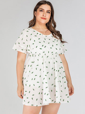 Plus Size Round Neck Back Hollow Tight?Waist Leaf Print Dress Wholesale Boutique Clothing