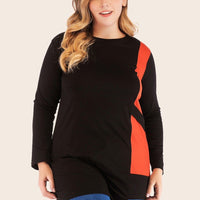 Plus Size Woman Crew Neck Contrast Color Splicing Irregular Hem Blouse Wholesale Clothing