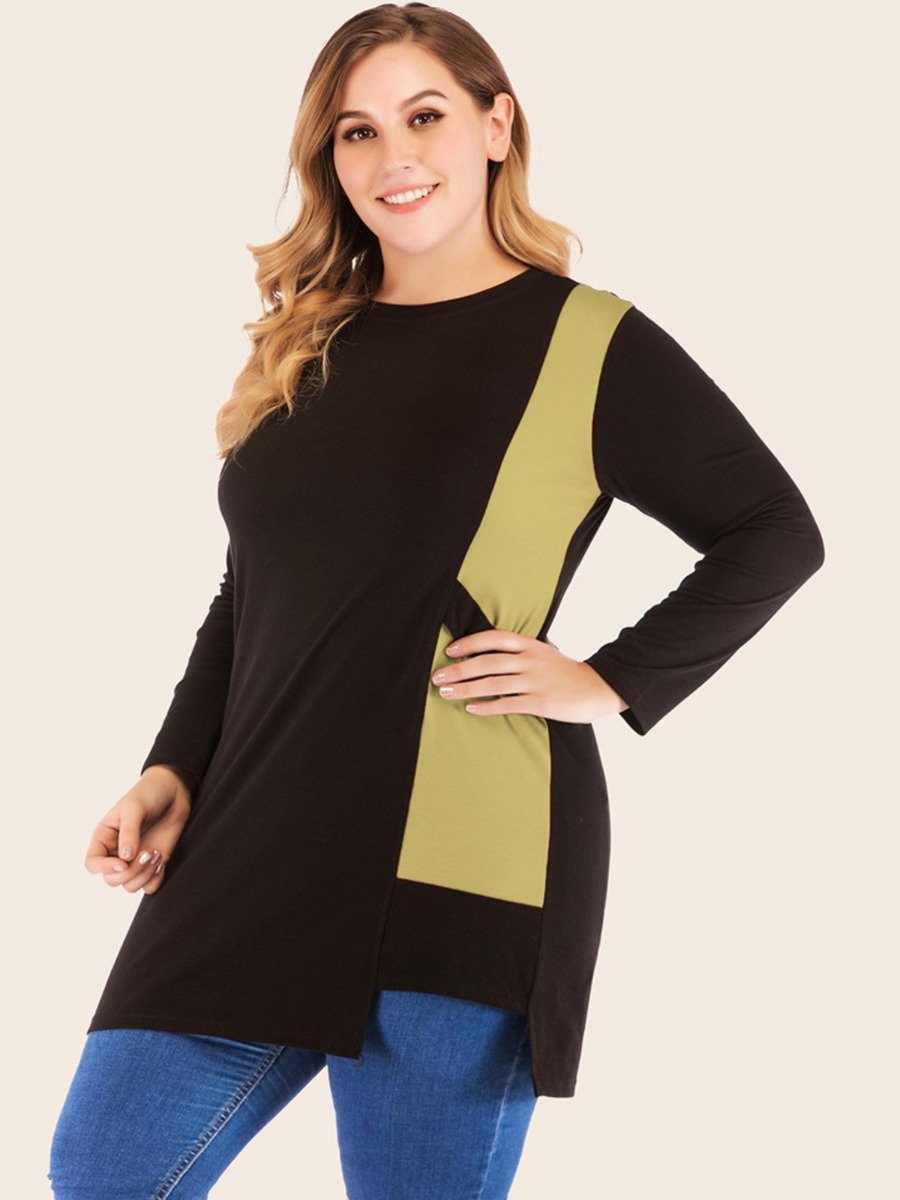 Plus Size Woman Crew Neck Contrast Color Splicing Irregular Hem Blouse Wholesale Clothing