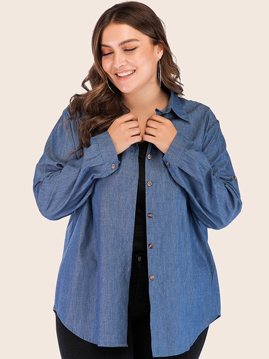 Plus Size Lapel?Collar Single-Button Denim Shirt Wholesale Wholesale Clothing Vendors