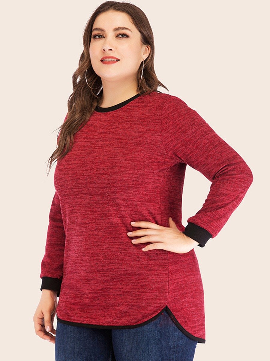 Plus Size women Long Sleeve Blouse Colorblock Round Neck Curved Hem Clothing Vendors