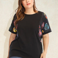 Plus Size Round Neck Color-Blocking Print Raglan Sleeve T-Shirt Wholesale Womens Clothing