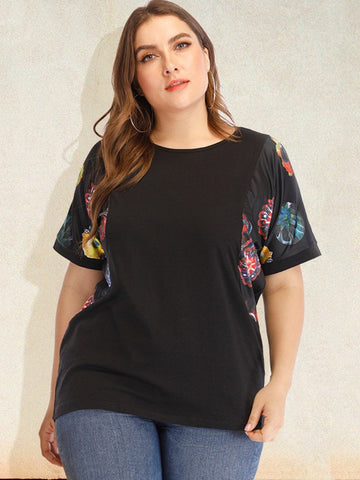 Plus Size Round Neck Color-Blocking Print Raglan Sleeve T-Shirt Wholesale Womens Clothing