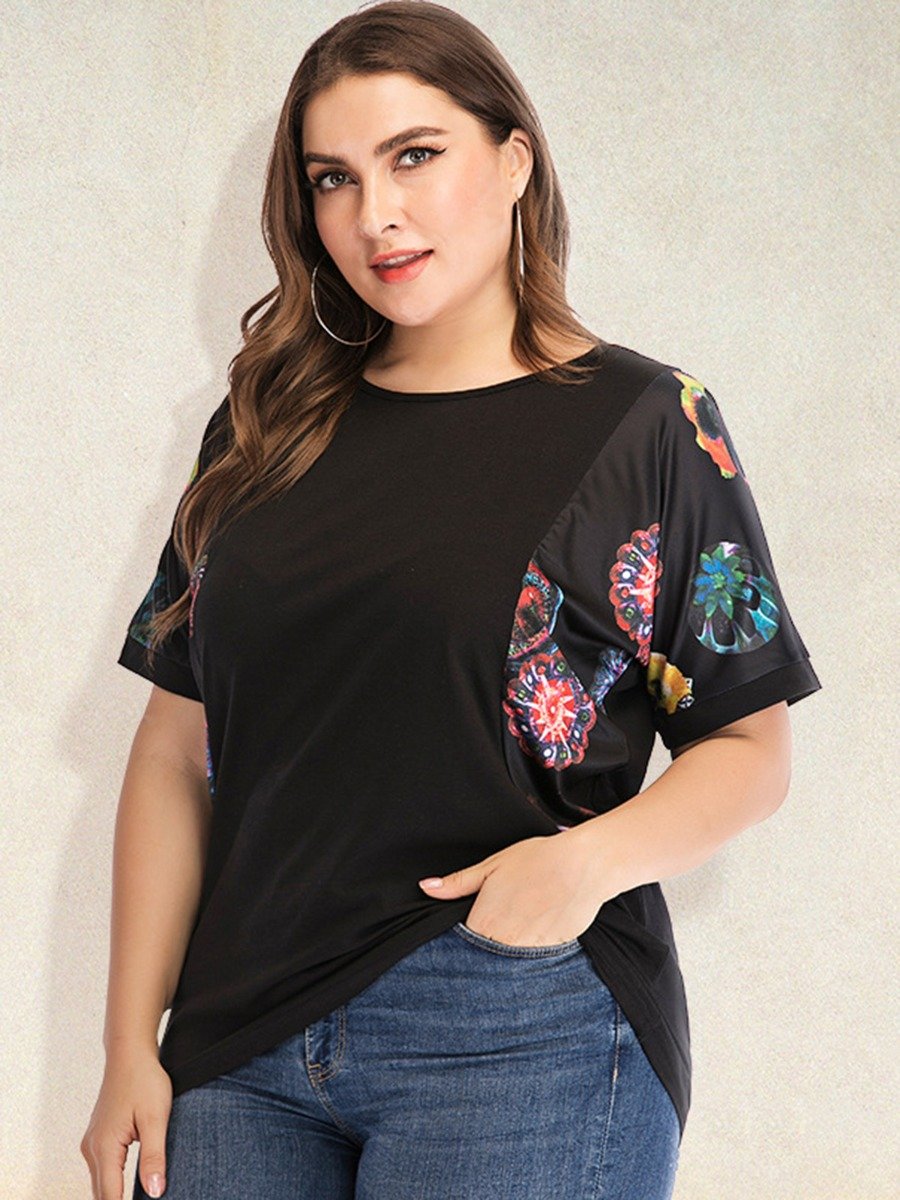plus size woman clothes Round Neck Color-Blocking Print Raglan Sleeve T-Shirt Wholesale Womens Clothing