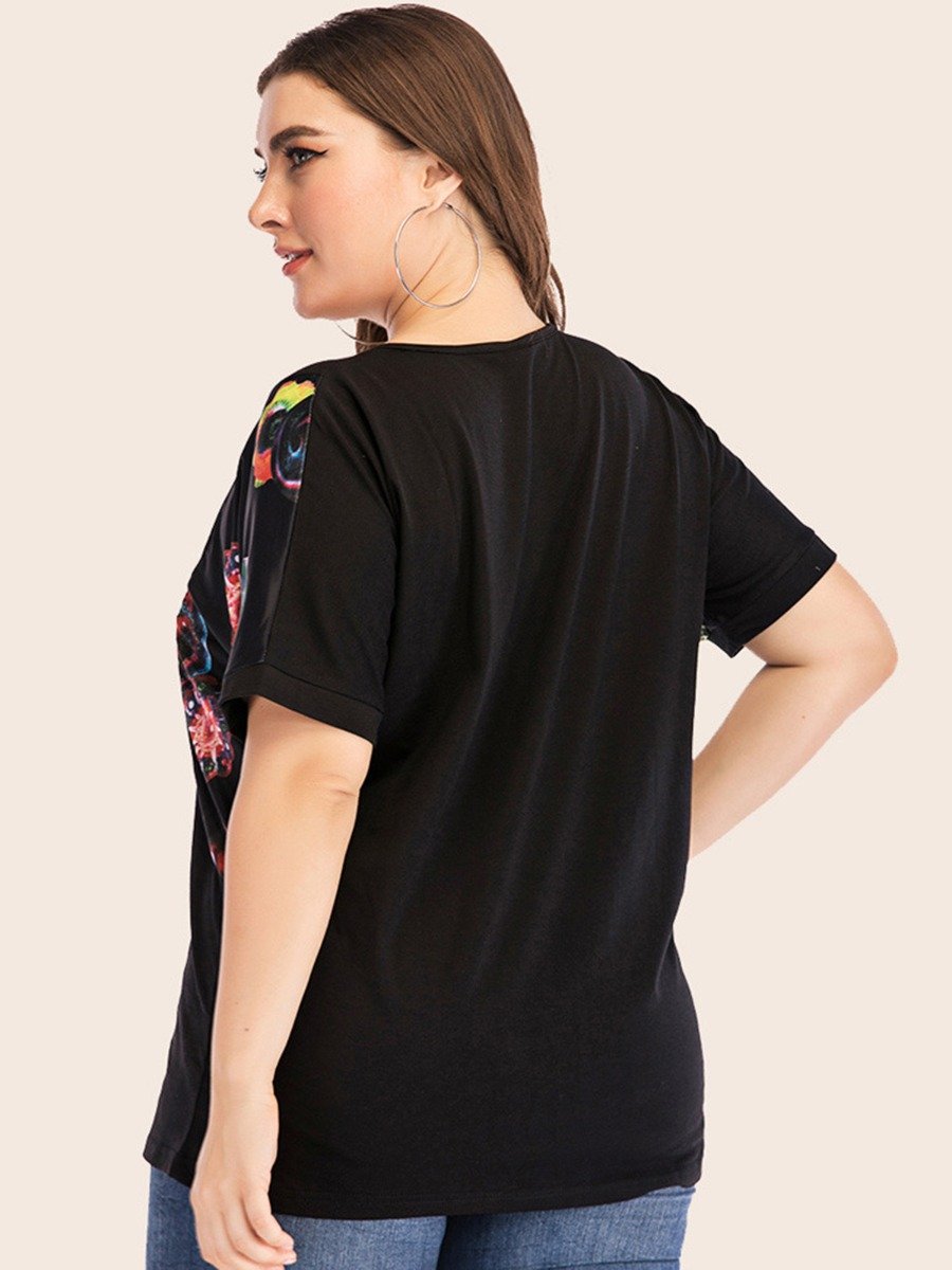 plus size woman clothes Round Neck Color-Blocking Print Raglan Sleeve T-Shirt Wholesale Womens Clothing