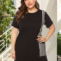Ladies Clothes Plus Size Contrast?Crew Neck Stitching Stripe Short Sleeve Dress Bulk Vintage Wholesale