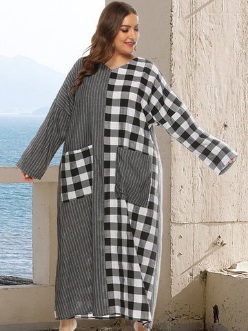 Plus Size Plaid Stitching Stripes Pocket Maxi Dress Online Wholesale Stores