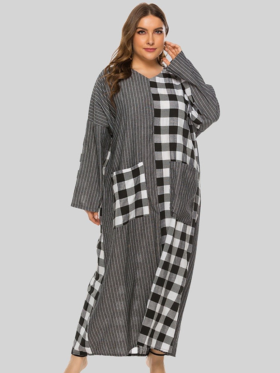 Larger Women Plaid Stitching Stripes Pocket Maxi Dress Online Wholesale Stores