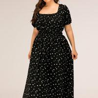 Plus Size Lady Square Collar Polka Dot Tight Waist Puff?Sleeve Maxi Dress Woman Wholesale Clothes