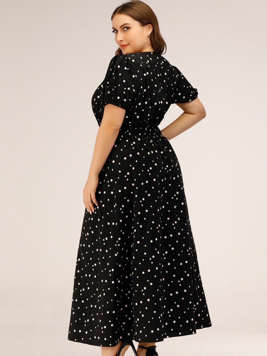 plus size woman Lady Square Collar Polka Dot Tight Waist Puff Sleeve Maxi Dress Woman Wholesale Clothes