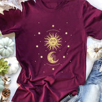 Round Neck Letter Sun And Moon Print Short Sleeve Fat Women T-Shirt Wholesale Shop