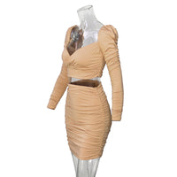 Long-sleeved Women Low-cut Pleated Two-piece Dress