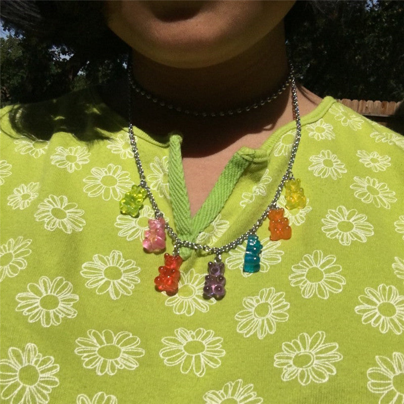 Jewelry Resin Transparent Candy Color Cartoon Bear Necklace