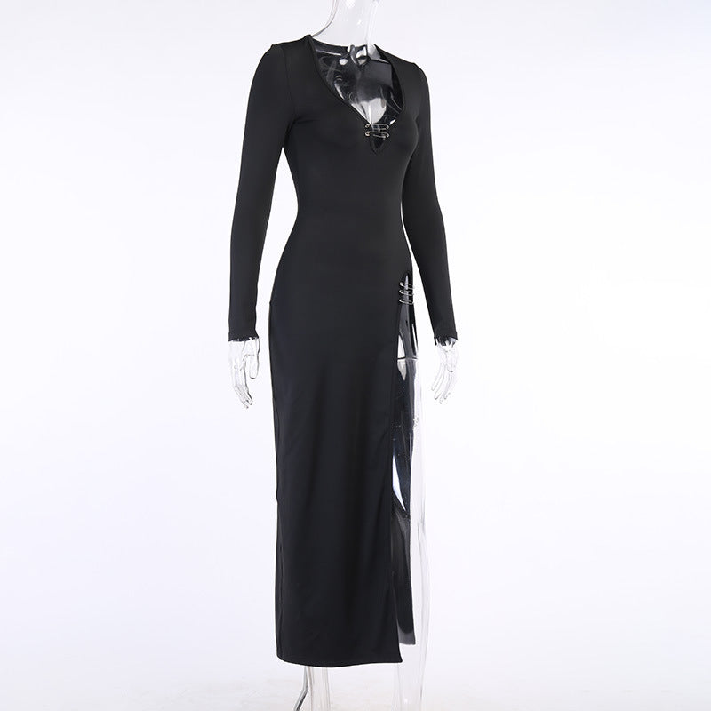 Long Solid Color Slim Long-sleeved Womens Dress
