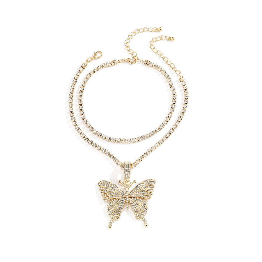 Women Jewelry Single Layer Vintage Necklace with Rhinestone Large Butterfly Necklace
