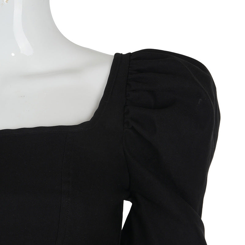 Women's Camisole Black Retro Square Neck Back Zipper Bubble Sleeve Top