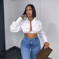 Ruched Booty Long Sleeve Cropped Blouse Women's Lapel Top