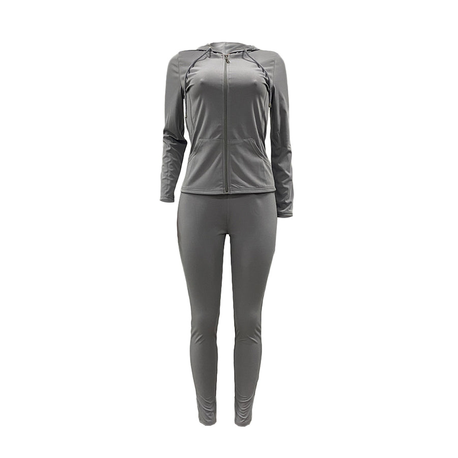 Zipper Hooded Solid Color Sports Outfit Women's Tracksuit