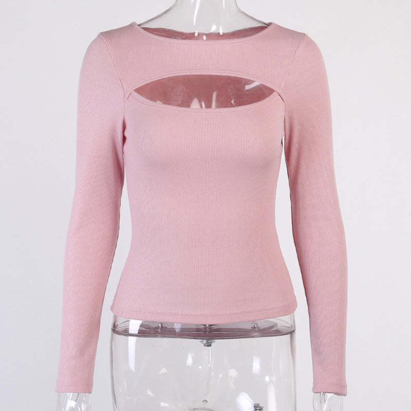 Hollow Out Long-sleeved Ribbed Tops for Women