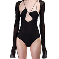 Black Long-sleeved Hollow Out Slim Womens Bodysuit Elastic Fabric Top