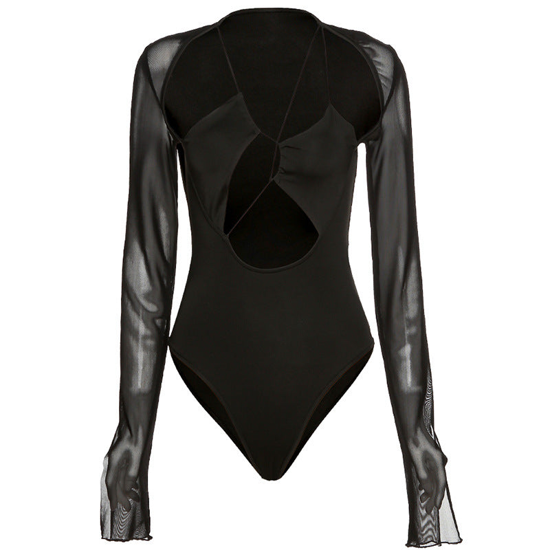 Black Long-sleeved Hollow Out Slim Womens Bodysuit Elastic Fabric Top