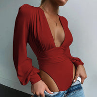 Women's Solid Color Sexy Deep V Waist Fold Long Sleeve Bodysuit