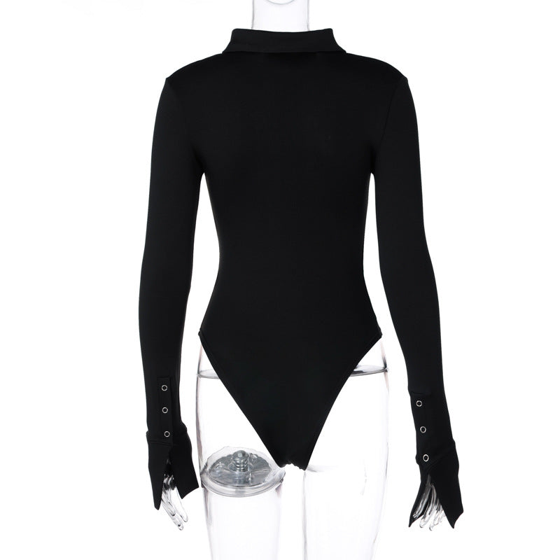 Women's Turndown Collar Jumpsuit Button Long Sleeve Bodysuit