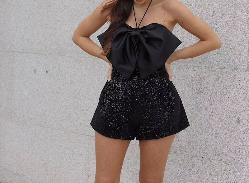 Camisole Backless Black Bow Romper for Women