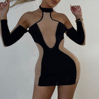 Women's Contrast Color See-through Mesh Long-sleeved Dress