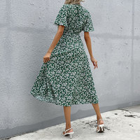 Women's Summer Chiffon Green Flower Print Short Sleeve Lace Up Dress Tea Break Skirt