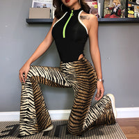 Elasticated Leopard Flared Women's Long Pants