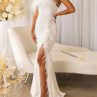 One-shoulder Feather Full Length Split Sleeveless Long Dress Women