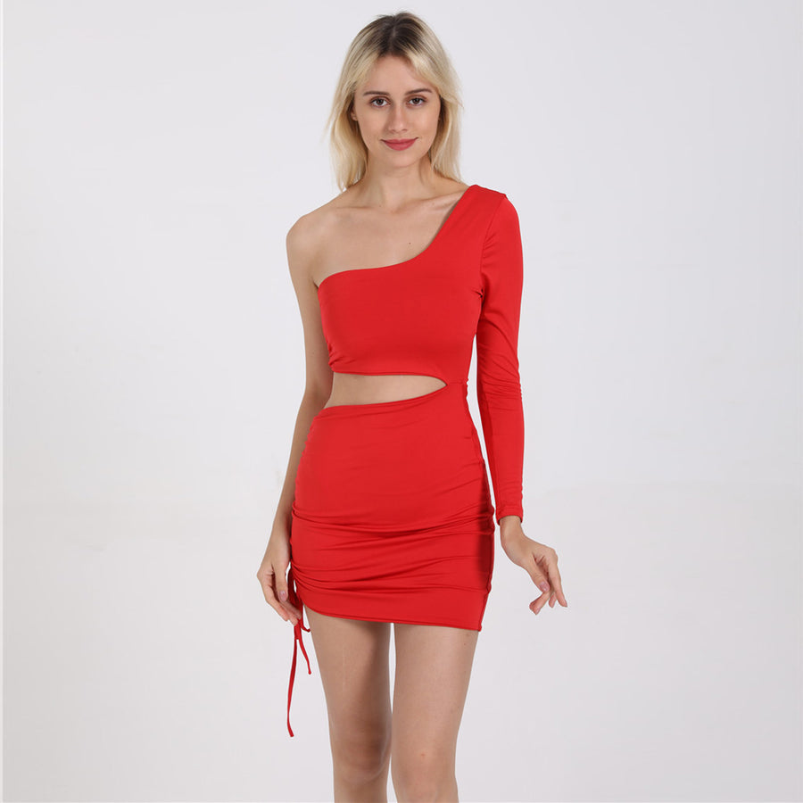 Sexy Hollow Straps Dress Single Shoulder Long-sleeved Dress Women