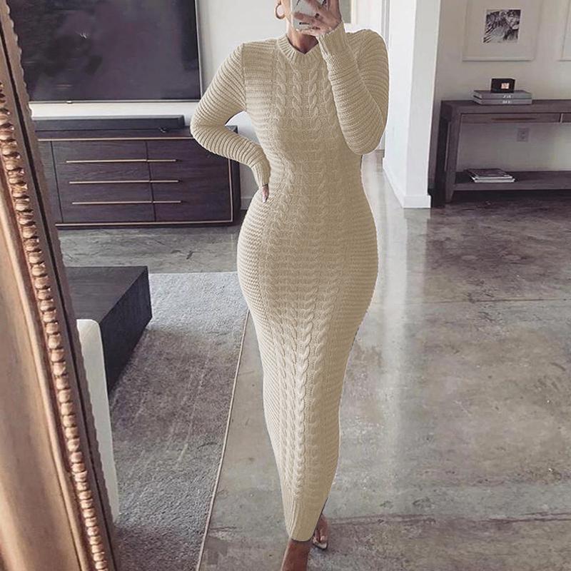 Basic Casual Round Neck Knitted Tall Bodycon Dress