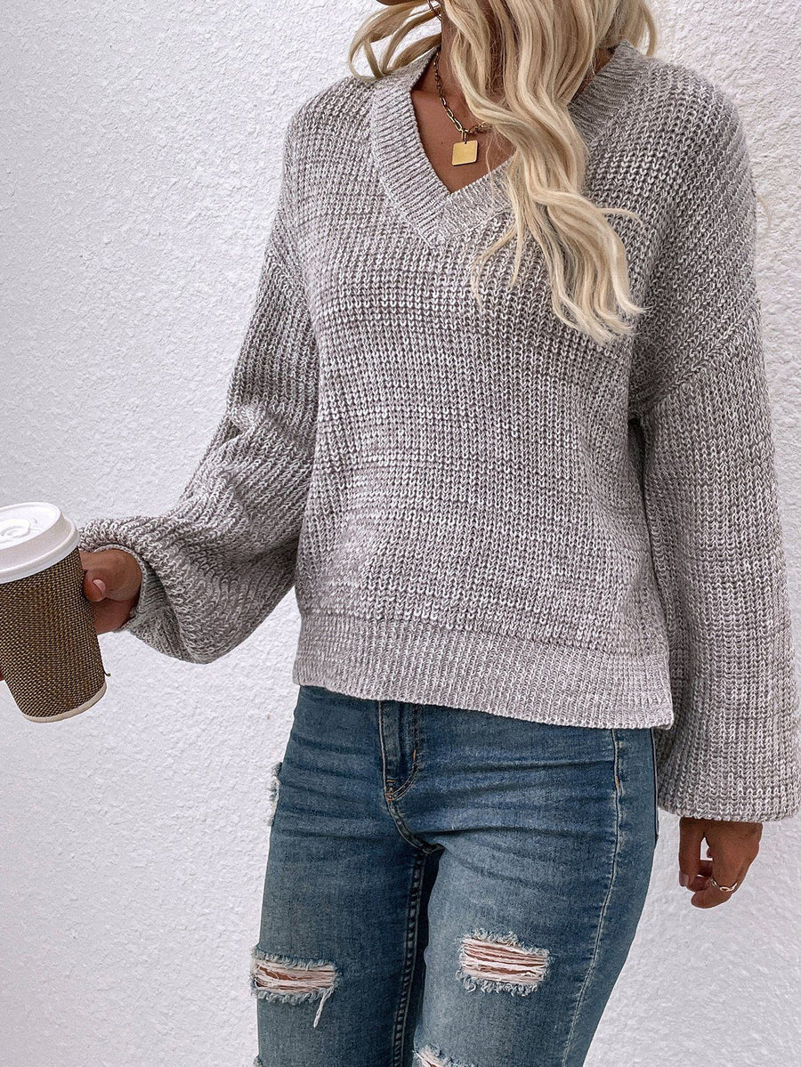 Basic V-Neck Lantern Sleeve Sweater