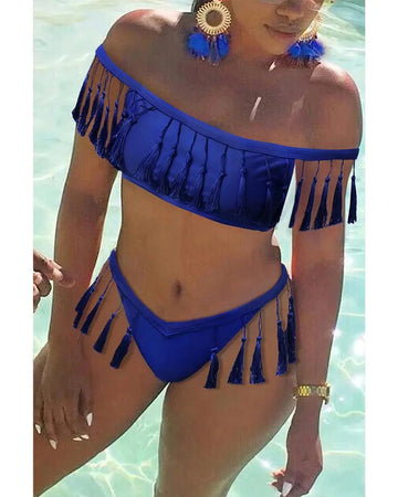 Beach Solid Color Fringe Split Swimsuit
