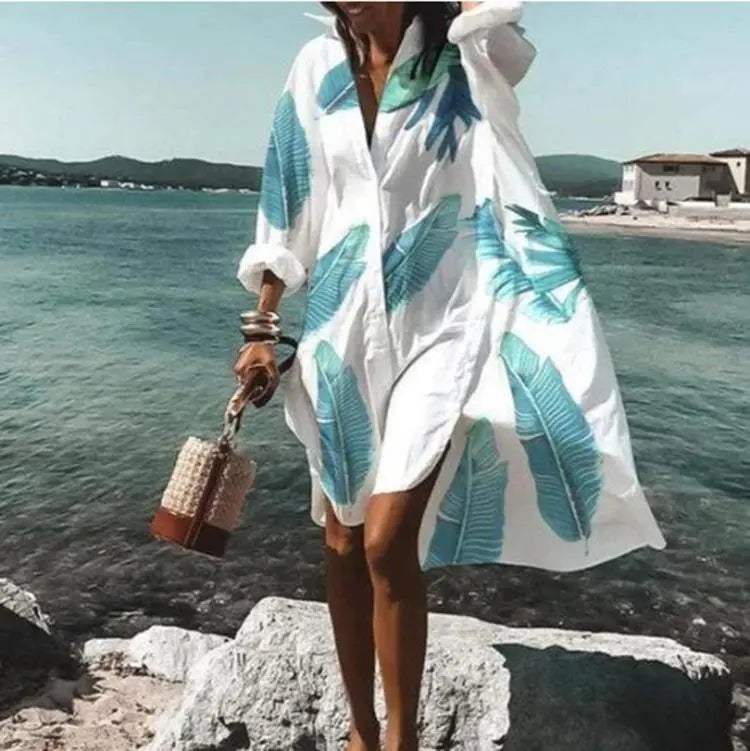 Beach-inspired dandelion-print loose-fitting dress